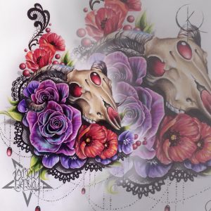 Эскиз черепа с цветами и кружевами, для тату на бедре или татуировки на спине