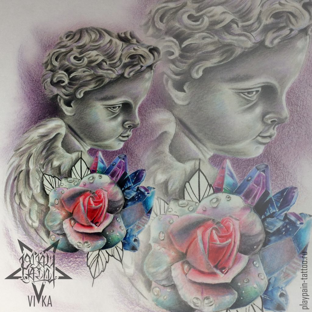 Эскиз ангел с розой и кристаллами на бедро