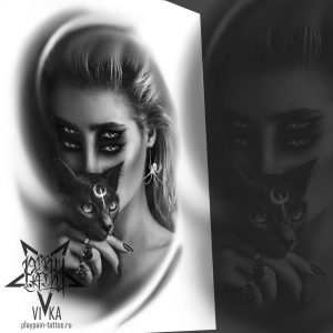 Эскиз "Девушка с кошкой" для портретной татуировки